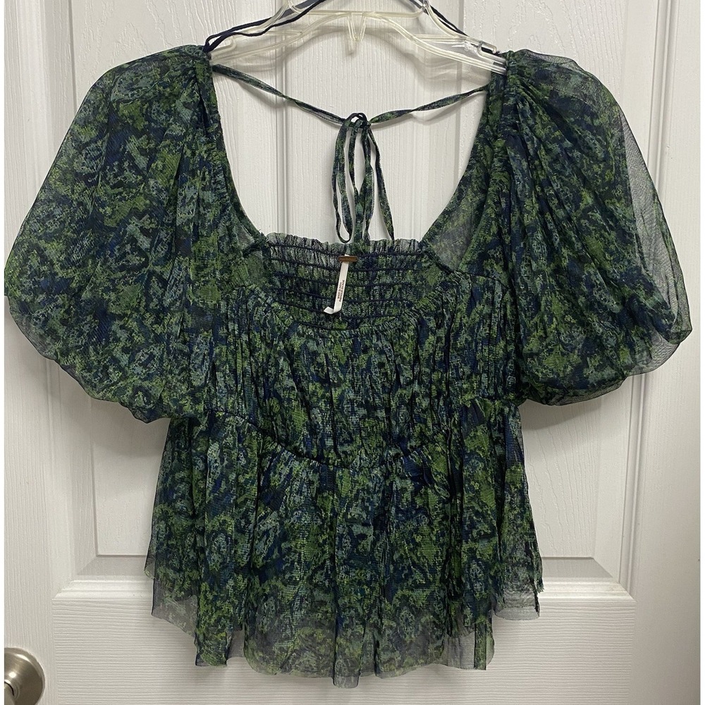 Free People Women Penelope Mesh Peasant Top Boho Crop Shirt Green Blue S-EUC
